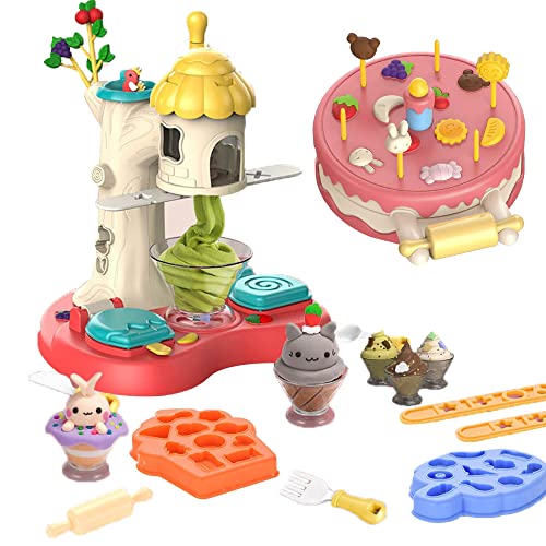Tree House Ice Cream Machine Pretend Play Set Modeling Compound,Non-Toxic Birthday Festival Weekend Party Gift, Cake with Candle Hamburger 10+ Mold Play Dough Set